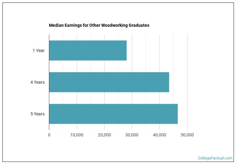 Median earnings for Other Woodworking graduates by years after completion
